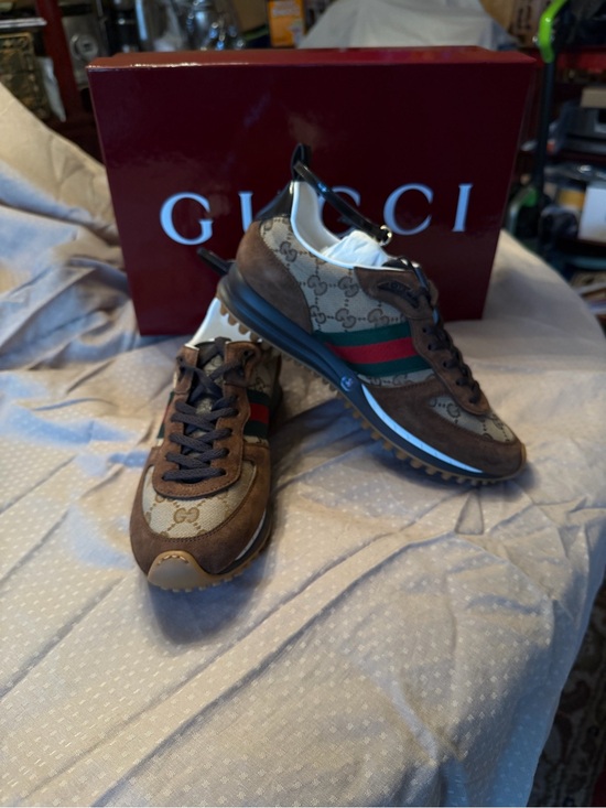 Gucci Shoes - Gucci Brown GG Monogram Sneakers with Green and Red Web